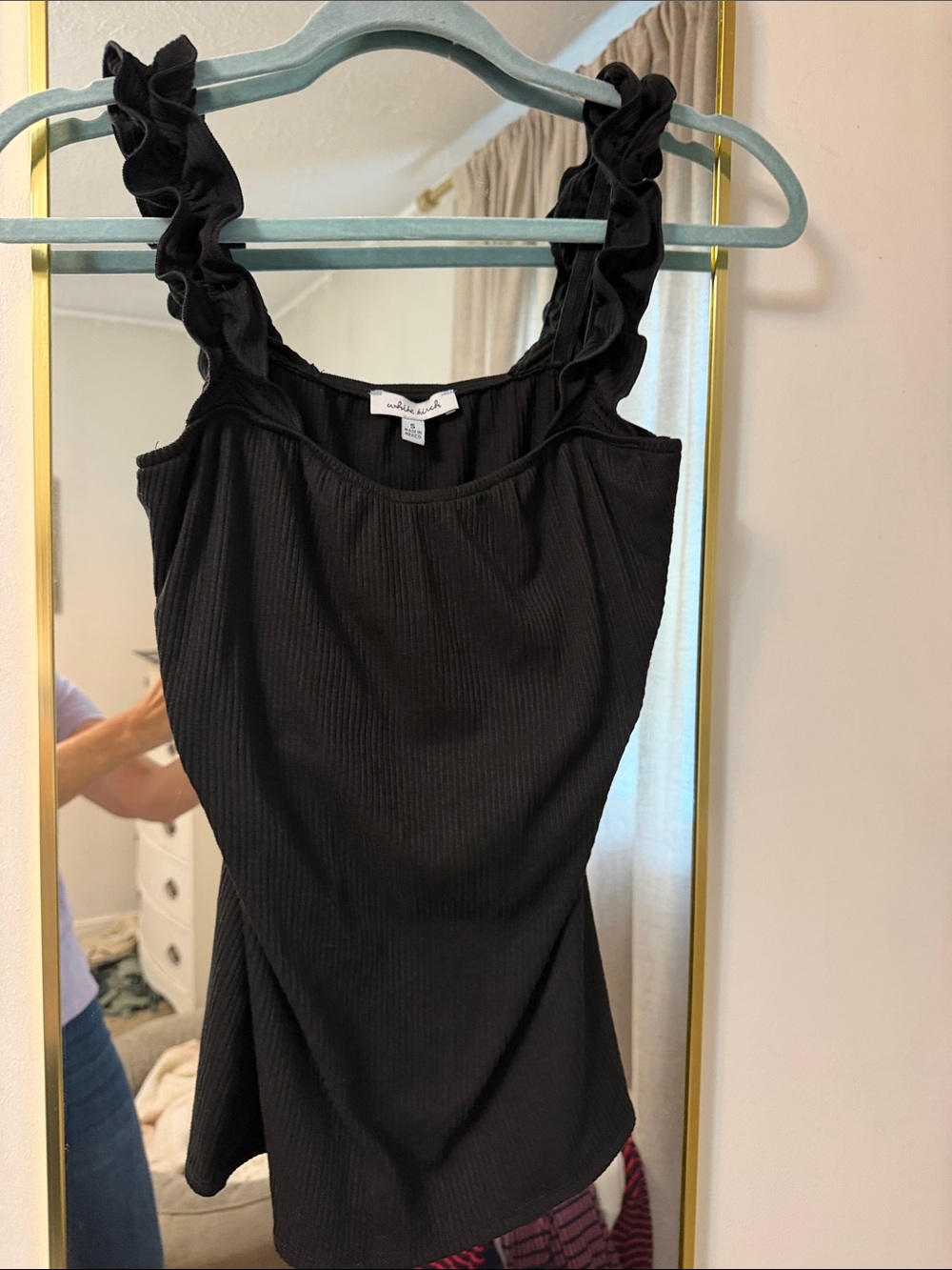 white birch Black Ribbed Tank with Ruffle Straps
